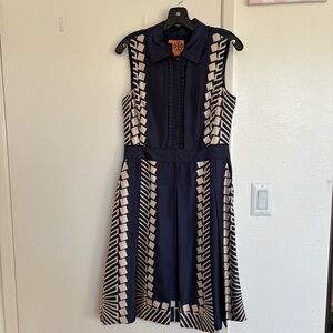 Tory Burch Silk Navy and Cream Geometric Print Sleeveless Midi Dress Size 6